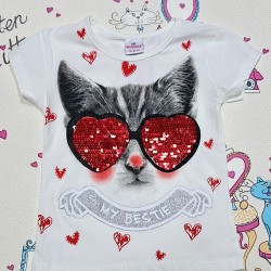 Детска лятна тениска в бяло и червени пайети  Рокаджийска котка