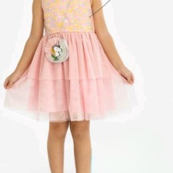 Детска рокля с тюл в прасковено розово с пайети и чантичка с еднорог  Нана