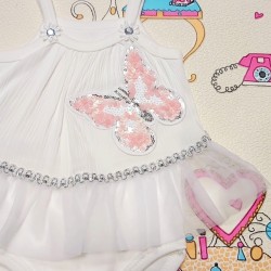 Луксозна бебешка боди рокля в бяло с тюл и пеперуда с пайети с лента за коса