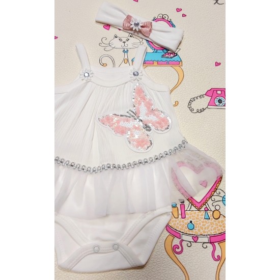 Луксозна бебешка боди рокля в бяло с тюл и пеперуда с пайети с лента за коса