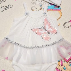 Луксозна бебешка боди рокля в бяло с тюл и пеперуда с пайети с лента за коса