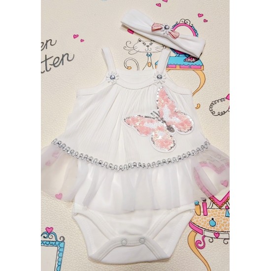 Луксозна бебешка боди рокля в бяло с тюл и пеперуда с пайети с лента за коса