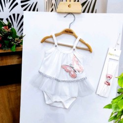 Луксозна бебешка боди рокля в бяло с тюл и пеперуда с пайети с лента за коса Луксозна бебешка боди рокля в бяло с тюл и пеперуда с пайети с лента за коса