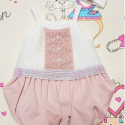 Луксозно бебешко боди/рокля в пудра и бяло с презрамки и лента за коса