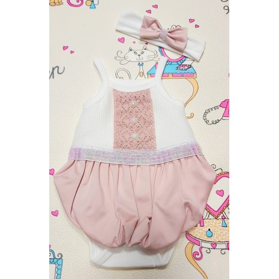 Луксозно бебешко боди/рокля в пудра и бяло с презрамки и лента за коса