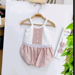 Луксозно бебешко боди/рокля в пудра и бяло с презрамки и лента за коса Луксозно бебешко боди/рокля в пудра и бяло с презрамки и лента за коса