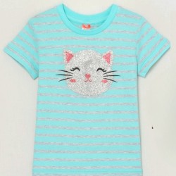 Детска лятна тениска в светло синьо и сребристо райе с коте