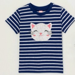 Детска лятна тениска в тъмносиньо и сребристо райе с коте