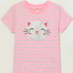 Детска лятна тениска в розово и сребристо райе с коте