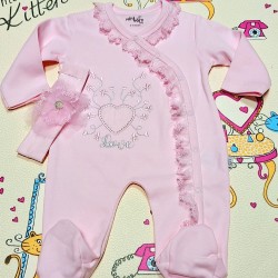 Луксозен бебешки гащеризон в розово с бродерия и лента за коса