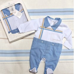 Луксозен италиански бебешки гащеризон в синьо и бяло в кутия Луксозен италиански бебешки гащеризон в синьо и бяло в кутия