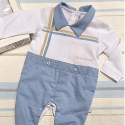 Луксозен италиански бебешки гащеризон в синьо и бяло в кутия