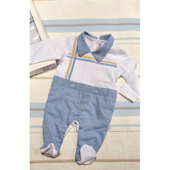 Луксозен италиански бебешки гащеризон в синьо и бяло в кутия