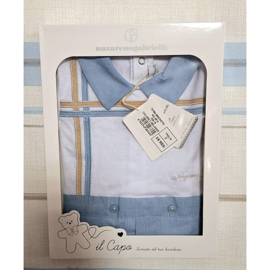 Луксозен италиански бебешки гащеризон в синьо и бяло в кутия