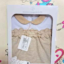 Луксозен италиански ромпър/гащеризон в тъмно бежово със златиста нишка в кутия