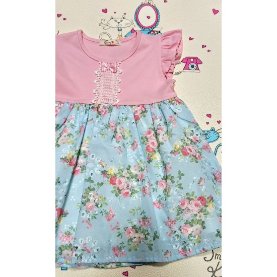 Красива лятна детска рокля в синьо и розово ,,Цветна градина