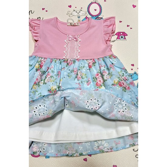 Красива лятна детска рокля в синьо и розово ,,Цветна градина