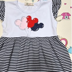 Детска лятна рокля в тъмносиньо и бяло райе с балони