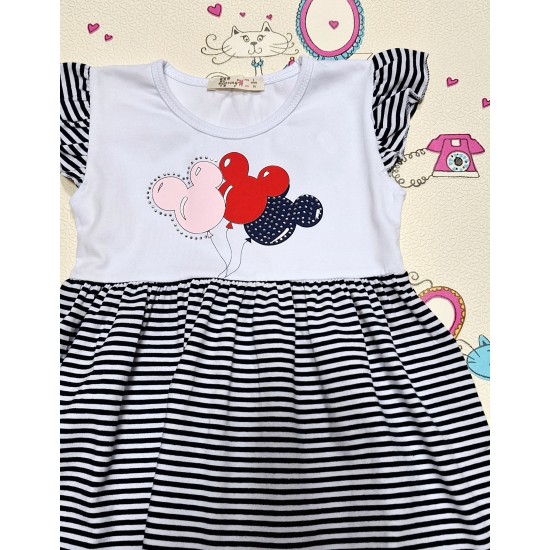 Детска лятна рокля в тъмносиньо и бяло райе с балони