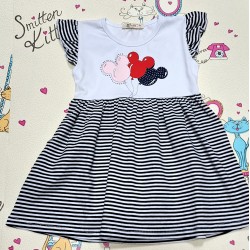 Детска лятна рокля в тъмносиньо и бяло райе с балони