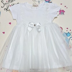 Бяла детска рокля с къс ръкав и тюл Бяла детска рокля с къс ръкав и тюл