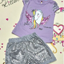 Бебешки летен комплект в лилаво и сребристи пайети с Еднорог Бебешки летен комплект в лилаво и сребристи пайети с Еднорог