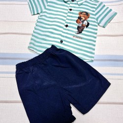 Детски летен комплект с риза и къси панталони с мече Детски летен комплект с риза и къси панталони с мече