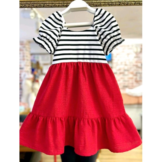 Елегантна детска рокля в червено и бяло-черно райе ,,Лейла