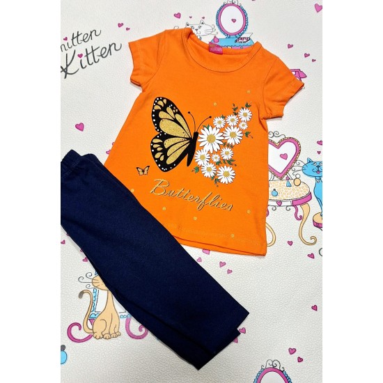 Детски летен комплект с оранжева тениска и клин ,,Пеперуда