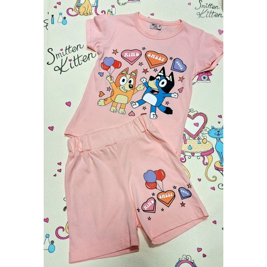 Детски летен комплект в прасковено розово с Блуи и Бинго