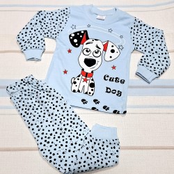 Детска памучна пижама в светло синьо и червено с куче Детска памучна пижама в светло синьо и червено с куче