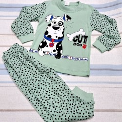 Детска памучна пижама в зелено и синьо с куче Детска памучна пижама в зелено и синьо с куче