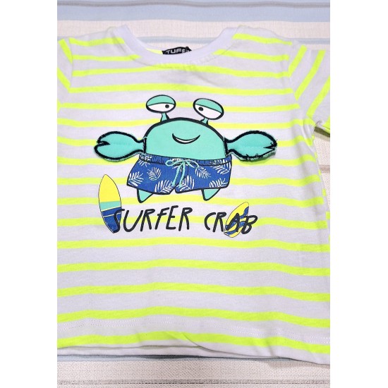 Детска тениска на бяло и електриково зелено райе  Раче осмокраче