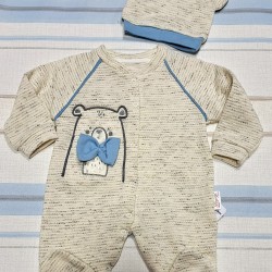 Бебешки гащеризон в сив меланж и синьо с шапка Бебешки гащеризон в сив меланж и синьо с шапка