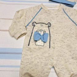 Бебешки гащеризон в сив меланж и синьо с шапка