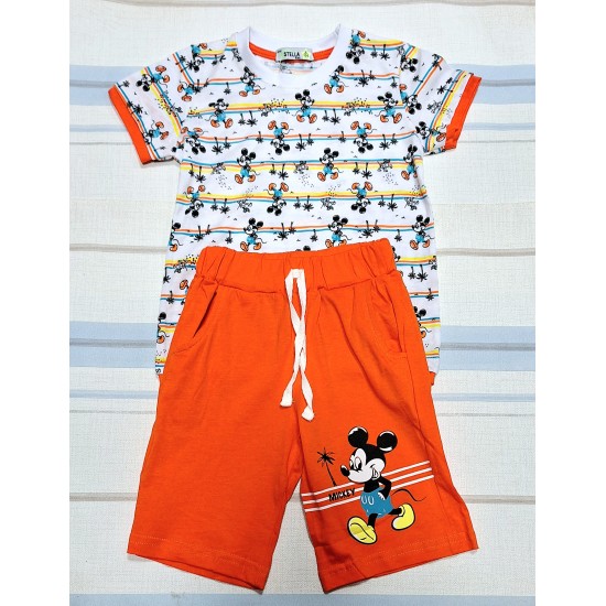 Детски летен комплект в оранжево и бяло с Мики Маус Детски летен комплект в оранжево и бяло с Мики Маус