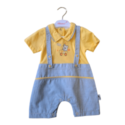 Бебешки летен гащеризон с яка в жълто и синьо Мечо с кола Бебешки летен гащеризон с яка в жълто и синьо Мечо с кола