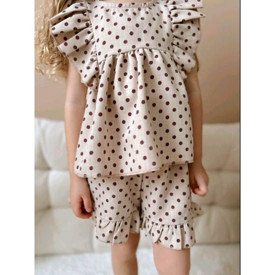 Детски летен комплект в бежово с кафяви точки ,,Лилибет