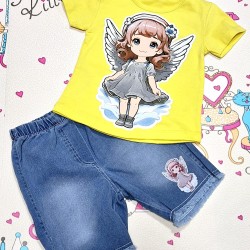 Детски летен комплект с жълта блуза и къси дънкови панталони  ANGEL