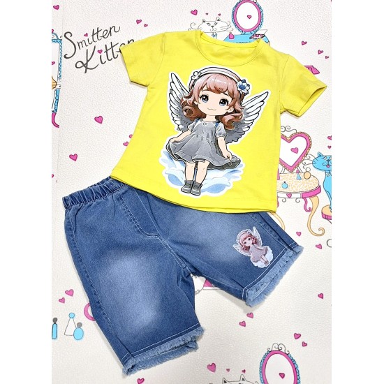 Детски летен комплект с жълта блуза и къси дънкови панталони ,,ANGEL Детски летен комплект с жълта блуза и къси дънкови панталони ,,ANGEL