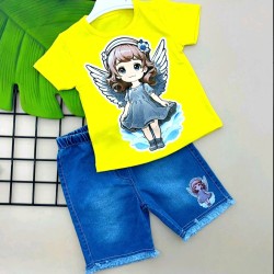 Детски летен комплект с жълта блуза и къси дънкови панталони ANGEL Детски летен комплект с жълта блуза и къси дънкови панталони ANGEL