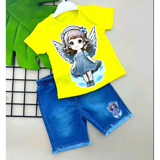 Детски летен комплект с жълта блуза и къси дънкови панталони ,,ANGEL