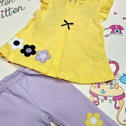 Детски летен комплект с жълта туника и лилав клин с цветя