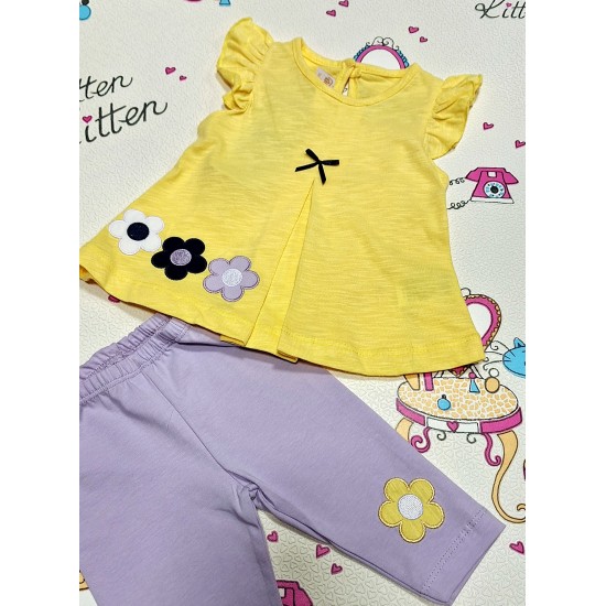 Детски летен комплект с жълта туника и лилав клин с цветя