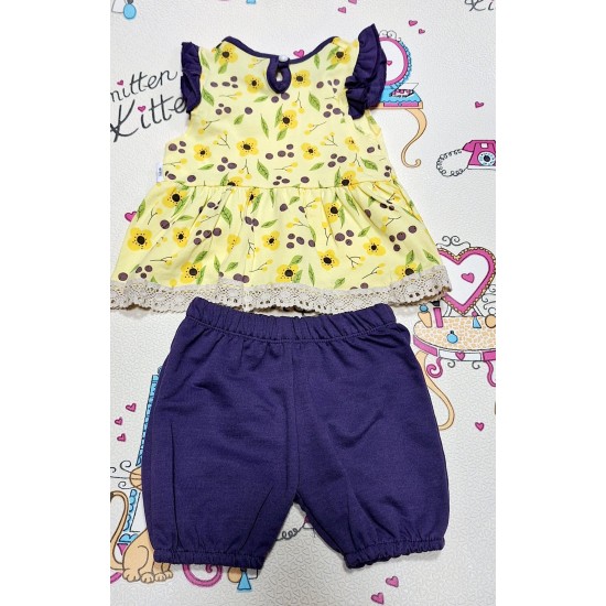 Детски летен комплект от туника и къси панталони в жълто и лилаво ,,Лято