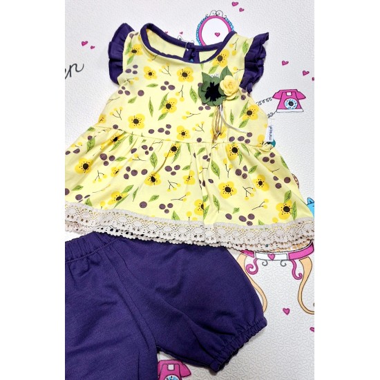 Детски летен комплект от туника и къси панталони в жълто и лилаво ,,Лято