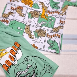 Детски летен комплект в зелено и бяло с динозаври