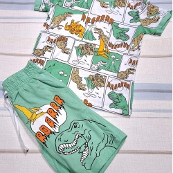 Детски летен комплект в зелено и бяло с динозаври