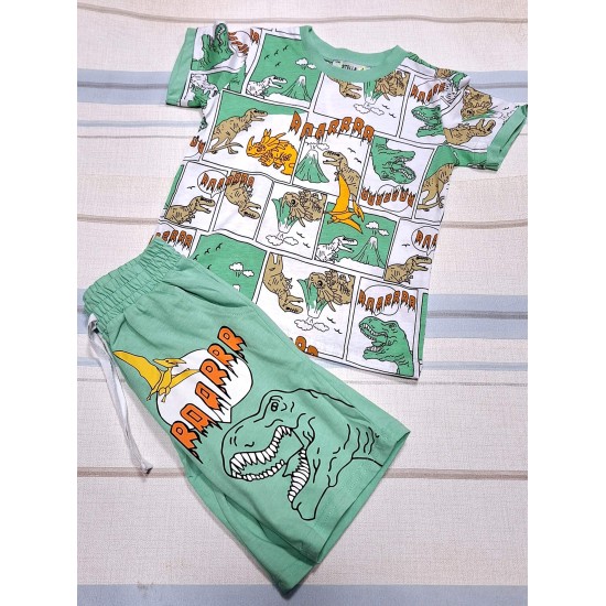 Детски летен комплект в зелено и бяло с динозаври Детски летен комплект в зелено и бяло с динозаври