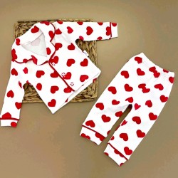 Бебешки комплект 2 части в бяло на червени сърца Бебешки комплект 2 части в бяло на червени сърца